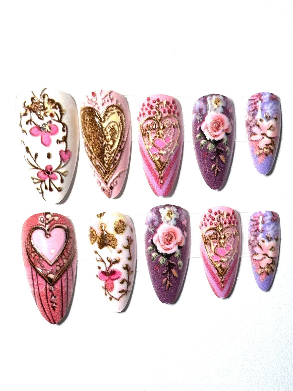 Baroque Royalty: Heavy Ornate Gold Sculpted Hearts, Rich Hand-Painted Pink Roses