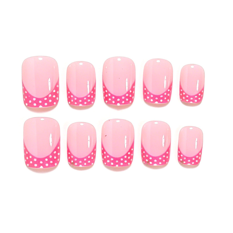 48pcs Short Square Press On Nails, Nude Base with Pink French Tip & White Polka