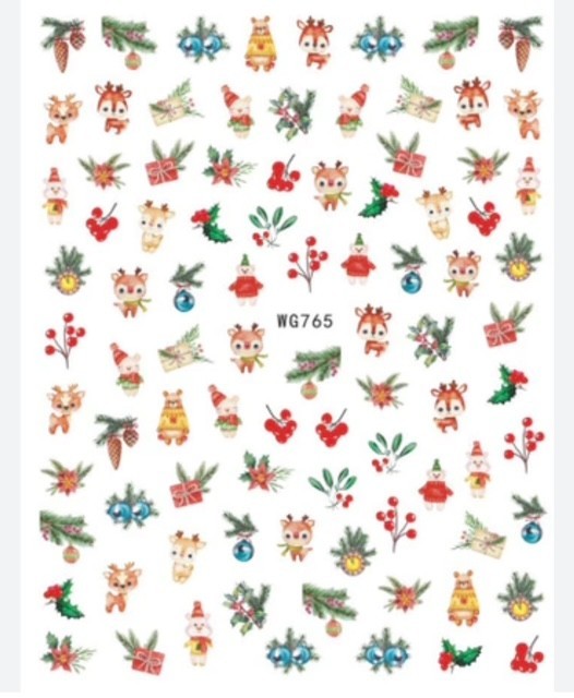 NAIL ART STICKERS REALLY CUTE REINDEERS , HOLLY & BERRIES WG765