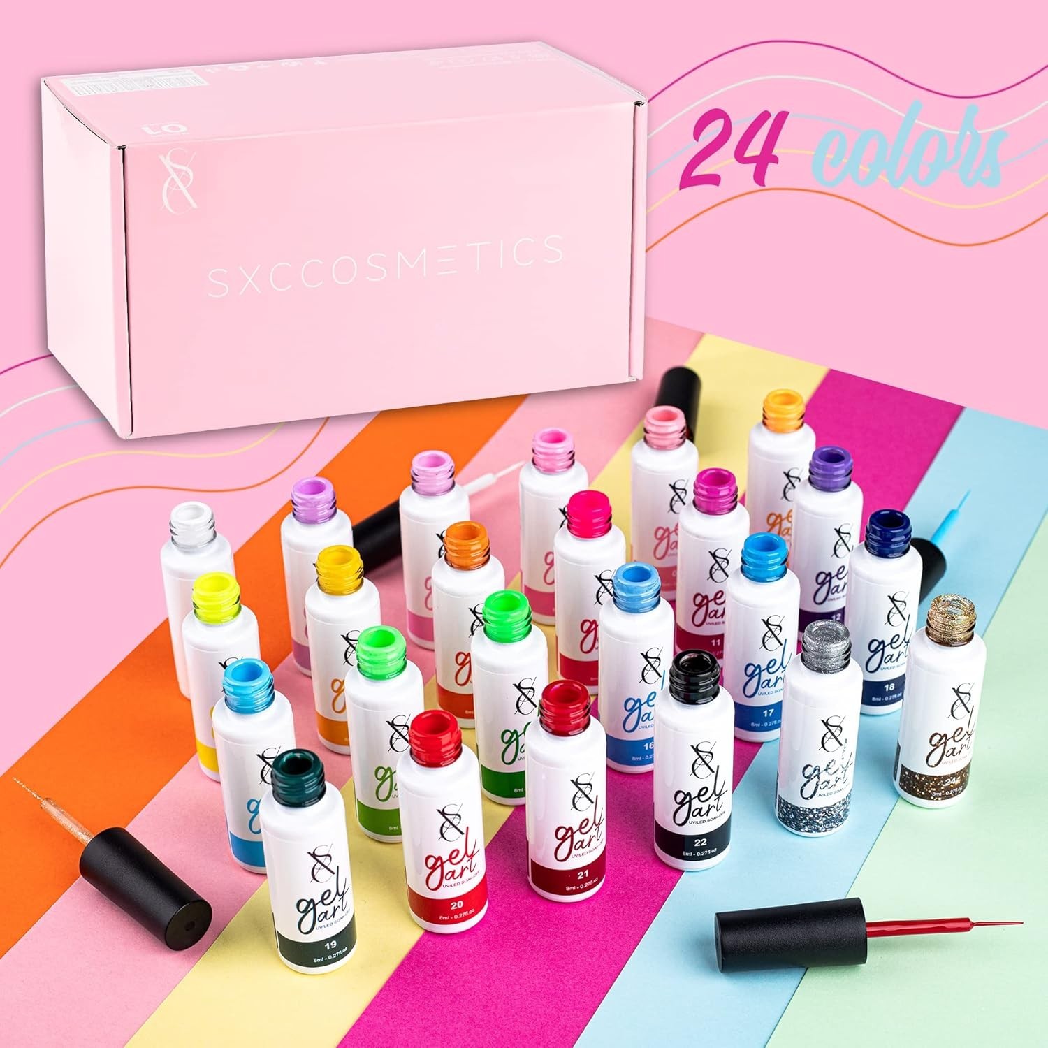 24-Color Gel Liner Set for Nail Art Cosmetics with Built-in Thin Brush for Swirl