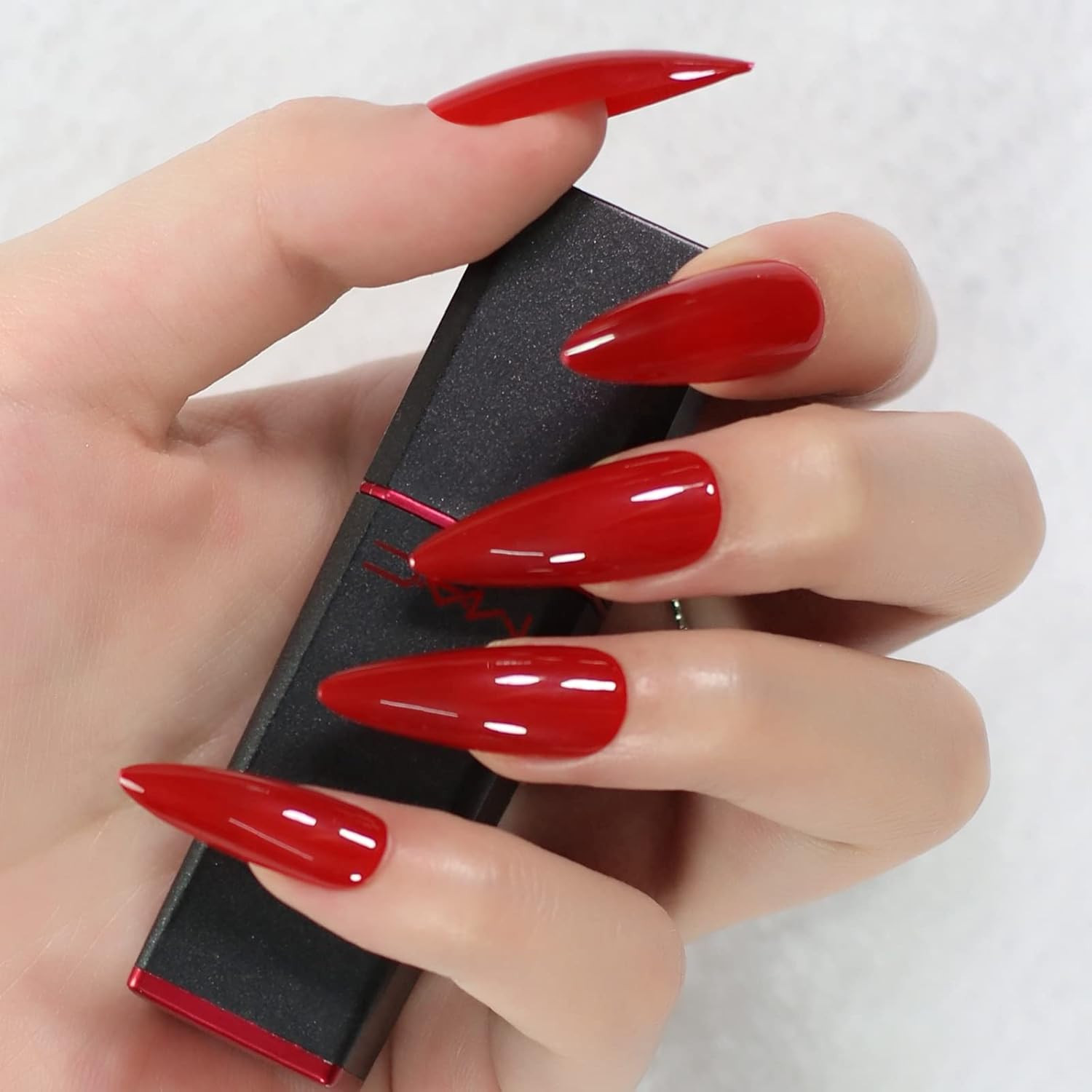 Glossy Red Press on False Nails Medium Long Stiletto Fake Nails Salon Nail Art T