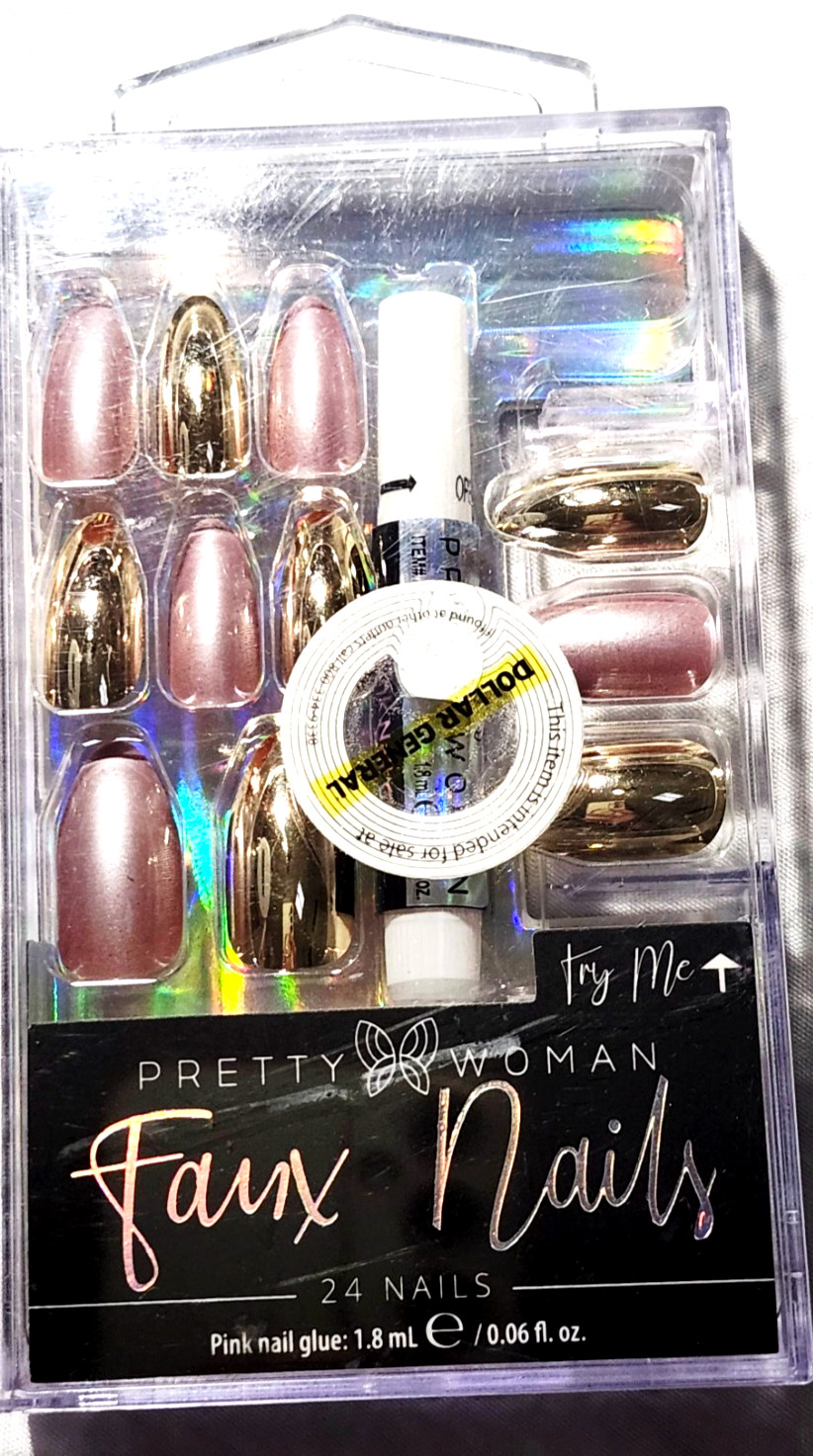 Lot of 2 Pretty Woman Faux Nails Metallic Rose Gold & Chrome Glue On Press On 24