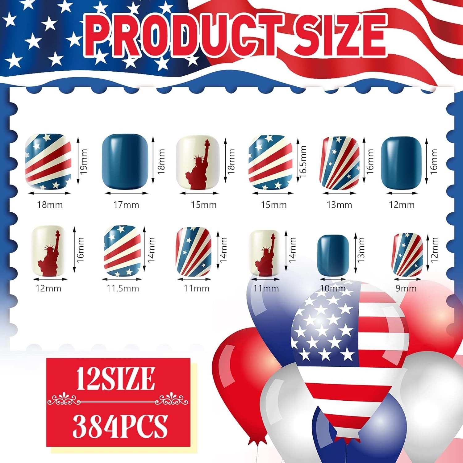 16 Pack 4th of July Press on Nails – Patriotic Retro Flag Pattern 384 Pieces