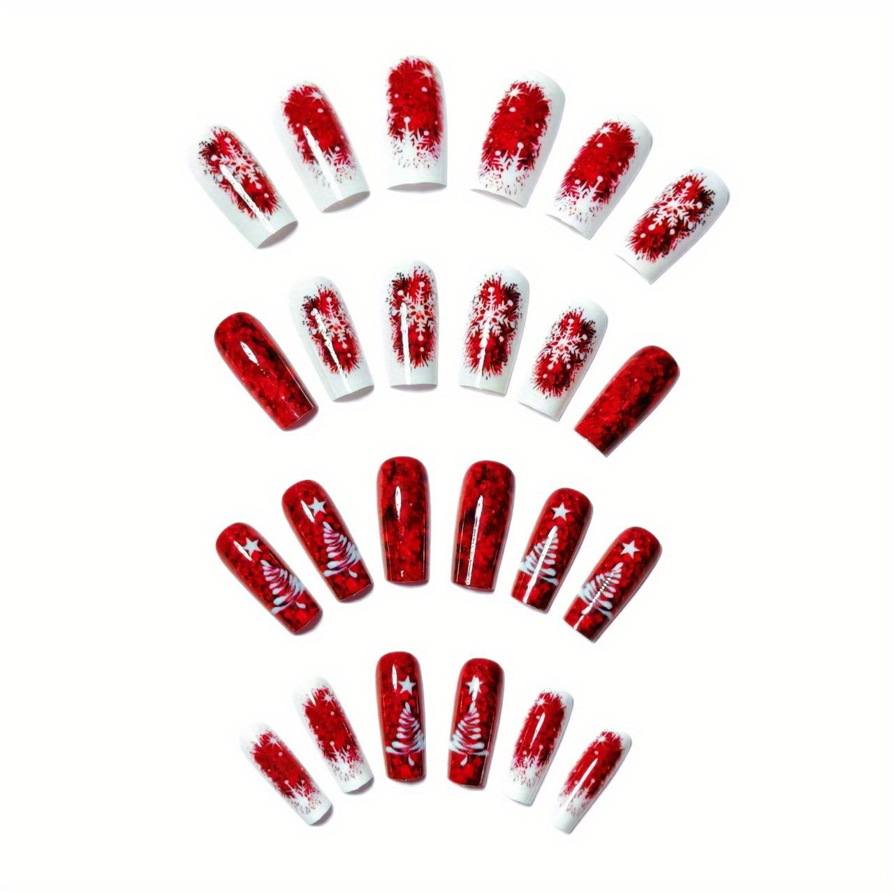 48pcs Christmas Press On Nails Red Glitter Snowflake Artificial Nails Full Cover