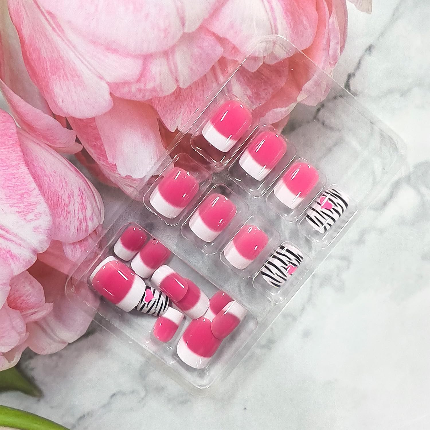 24Pcs Valentines Press on Nails Short Square Artificial Acrylic French White Tip