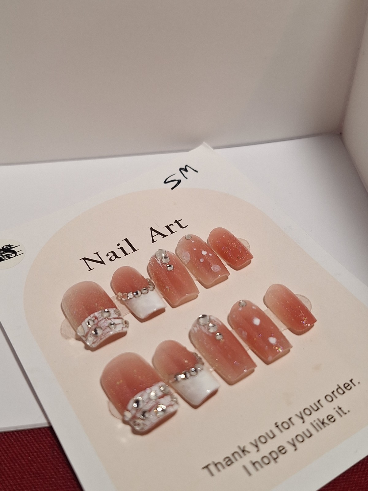Small Press-On Nails Peach White Silver 3D Shiny Square Sparkle Full Cover