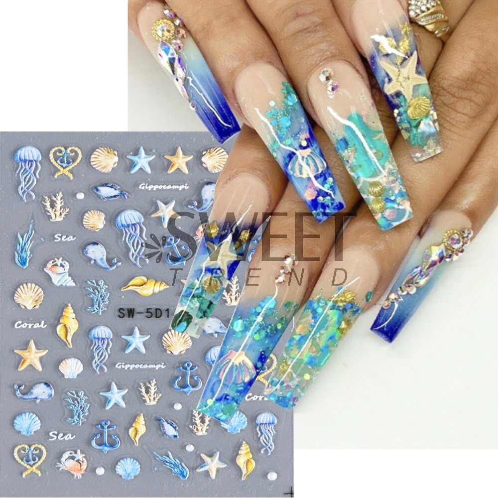 Summer Ocean Dolphin Shell Star Footprint Stickers 5D Embossed Nail Art Decals