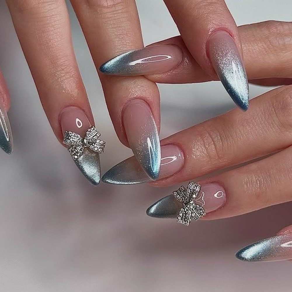 48P Long Almond Press on Nails, Silver Blue Ombre Rhinestone Bow Fake Nails
