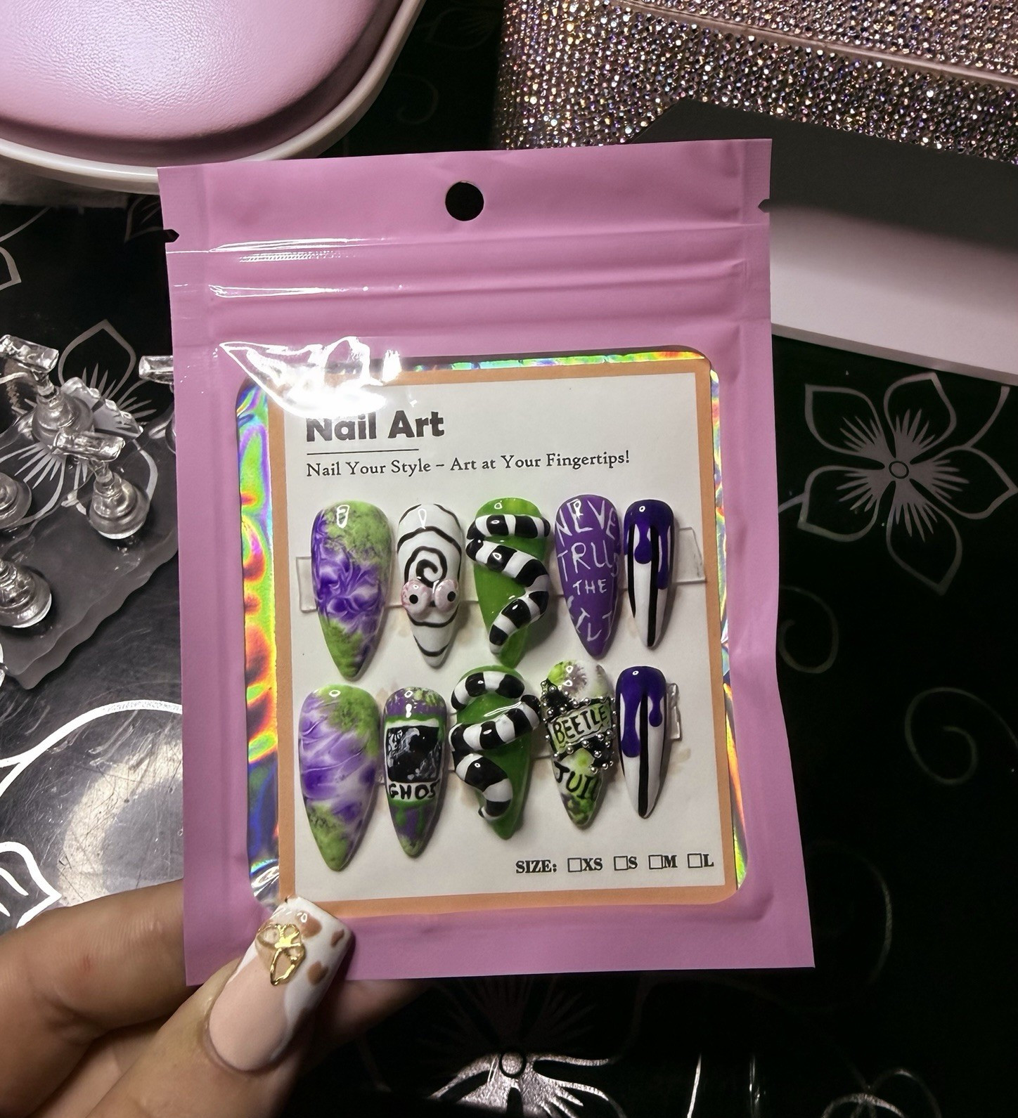 Halloween 3D Stiletto Press-On Nails Full Cover Pre-Designed Purple Green