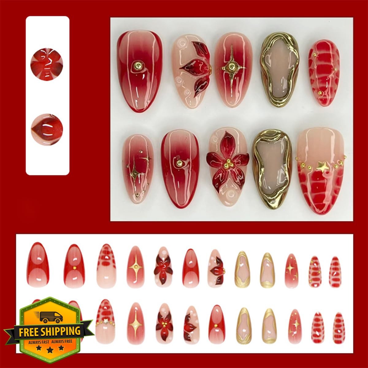 BMKKOT Flower Red Gradient Almond Fake Nails