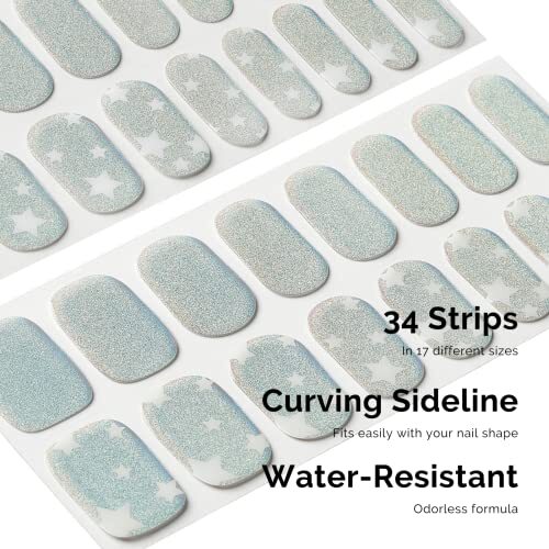 Semi Cured Gel Nail Strips, 34 pcs Salon-Quality Gel Nail Shimmery Stars
