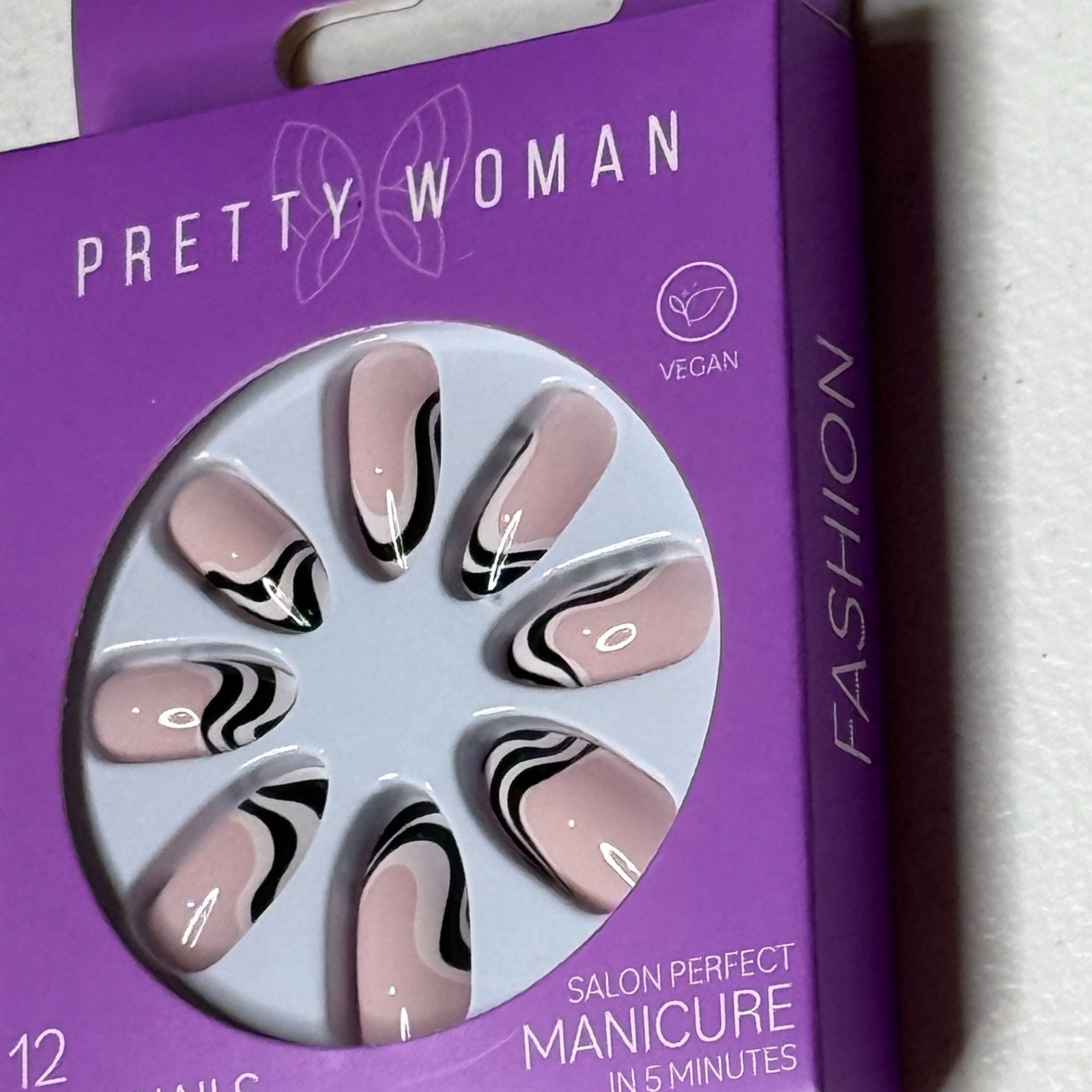 Pretty Woman Faux Nails Pink Black Swirl 12pc Press On Nails Vegan