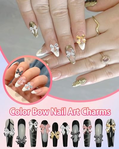 120 Pcs Alloy Bow Nail Charms and Gems, Silver Gold Black Bowknot Metal Nail