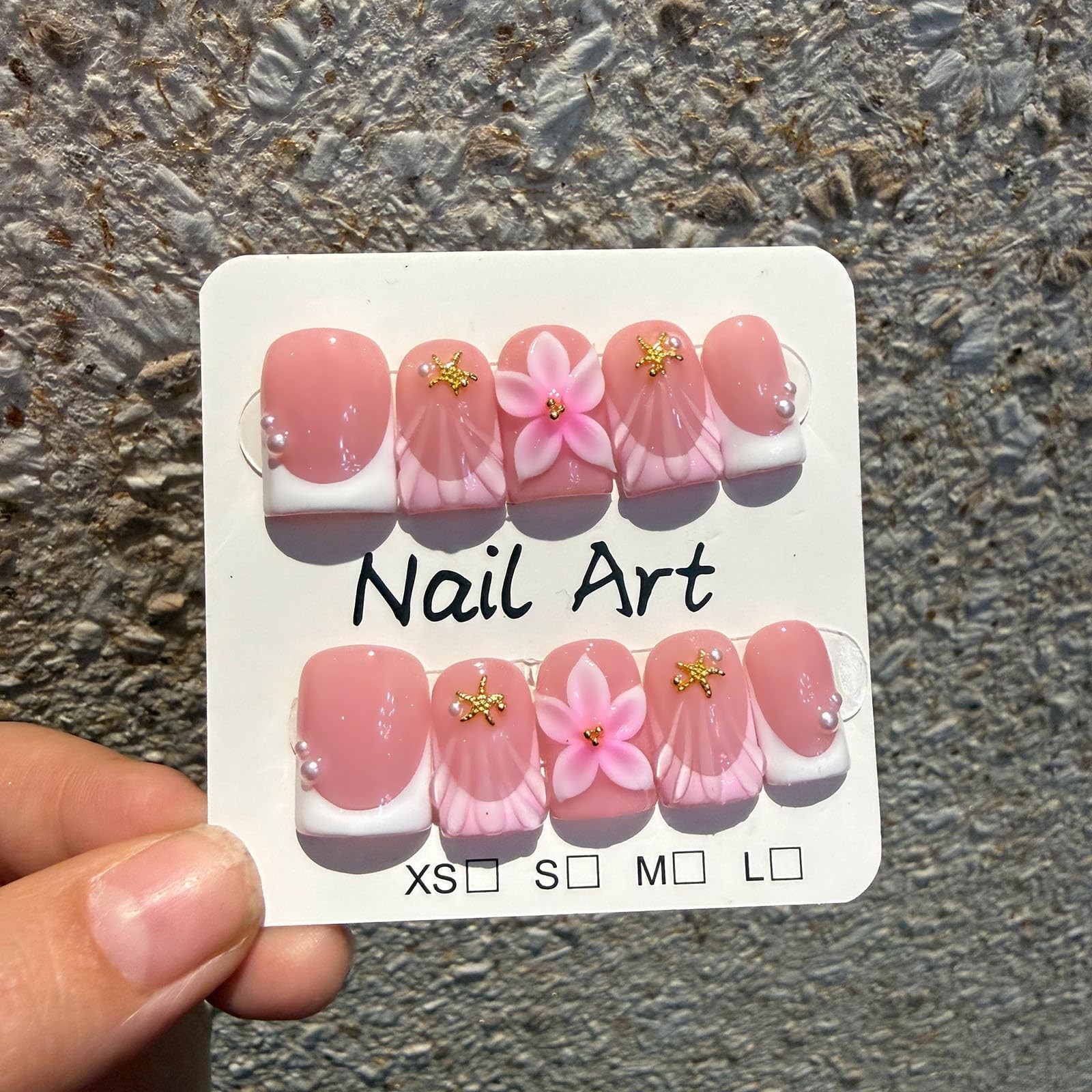 10 Pcs Pink Handmade Press-On Nails Short Square M Size 3D Flower Nail Art, Gift