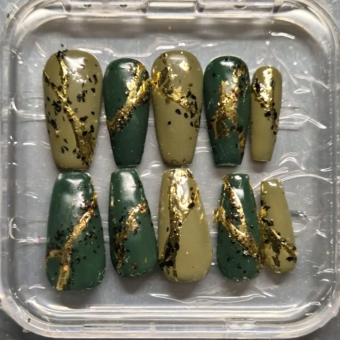 Green Gold Black Glitter Coffin Press-On Nails Pre-Designed Full Cover
