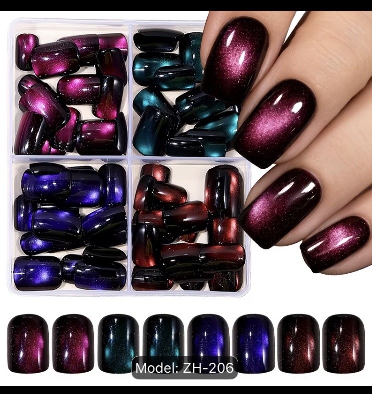 96pcs Short Square Glossy Cat Eye Nail Set Blue, Purple, Pink,Lake Blue Press On