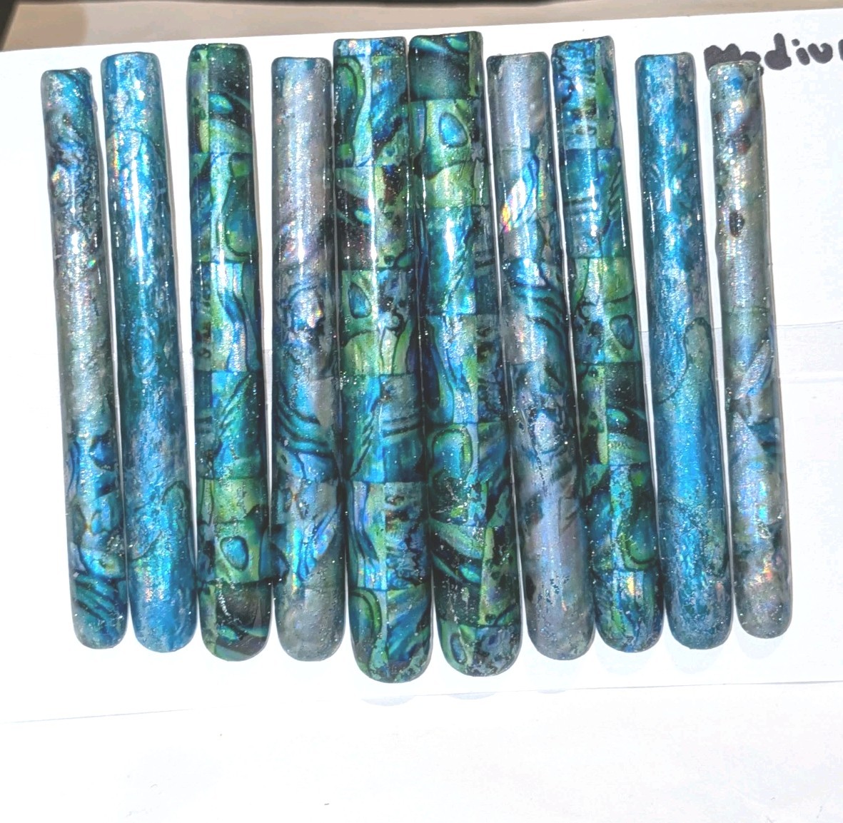 Hand Crafted 6Xl Acrylic Teal and Blue Marble Long Press-On Nails Sz Medium