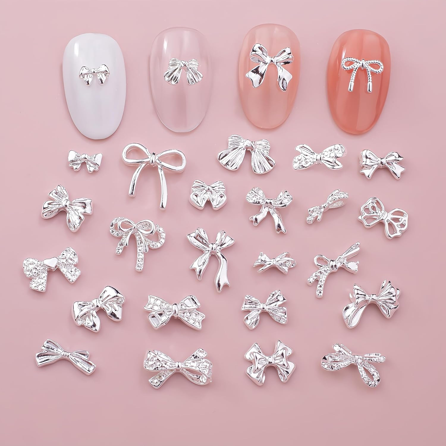 70PCS 3D Silver Bowknot Rhinestones Nail Art Charms Metal Bowknot Nail Rhineston