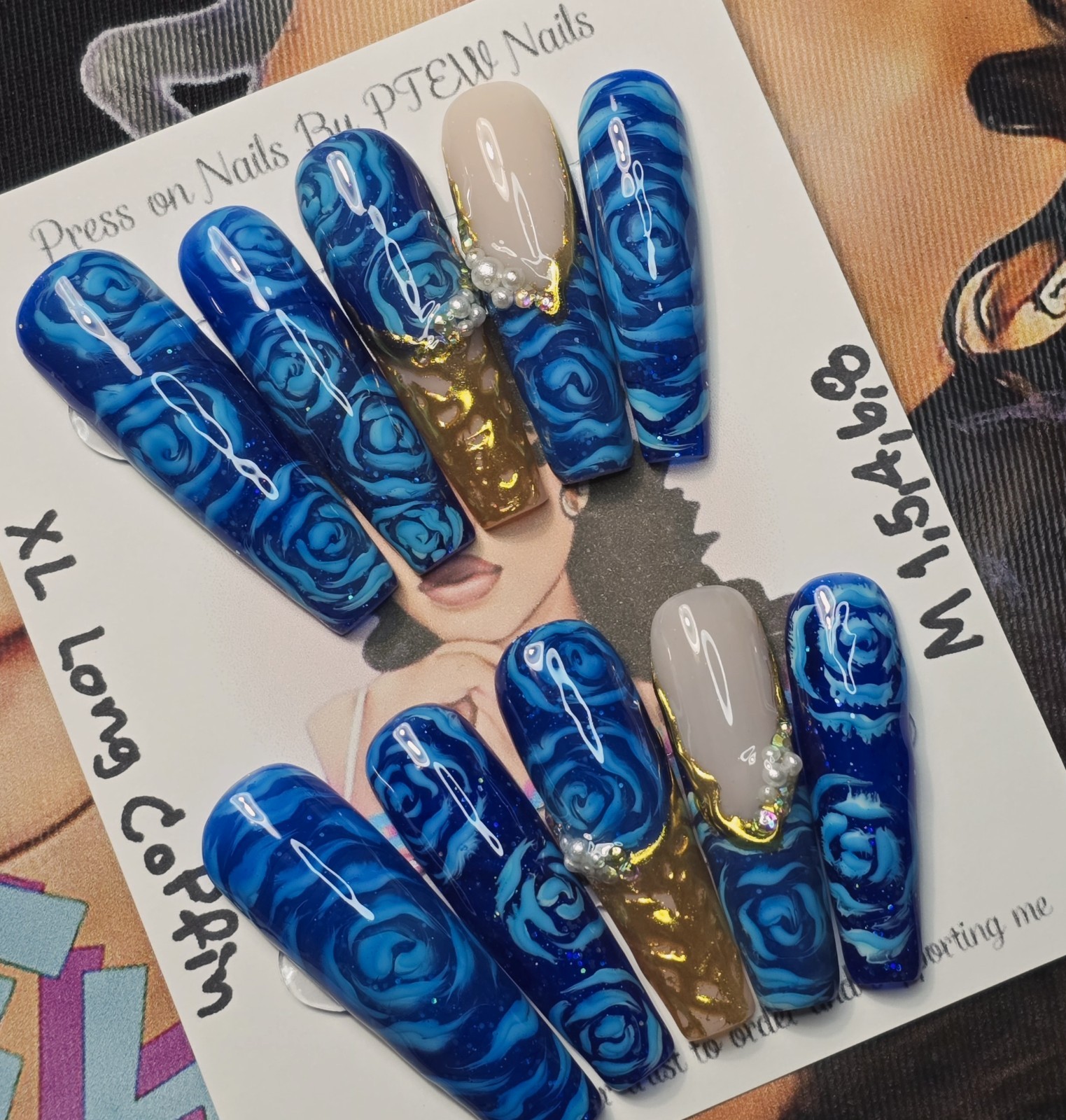 Handmade Gel Press On Nails,V Rose Nails,Medium Size 1,5,4,6,8 XL Long Coffin