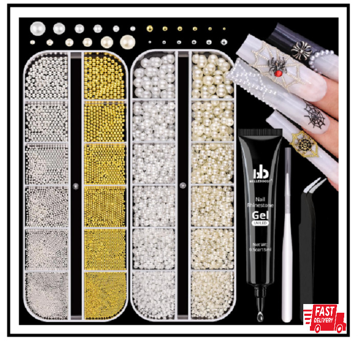 2 Boxes Flatback Pearls White+Beige and Silver+Gold Nail Beads for Nail Art