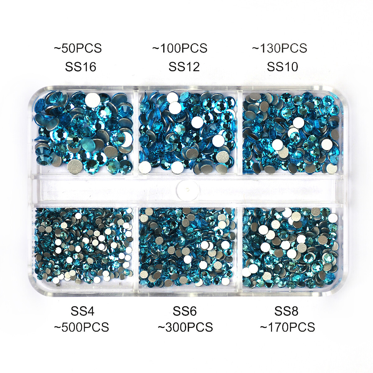 No Hotfix Nail Art Rhinestones 6 Grids SS4-SS16 Flat Back Crystal With tools