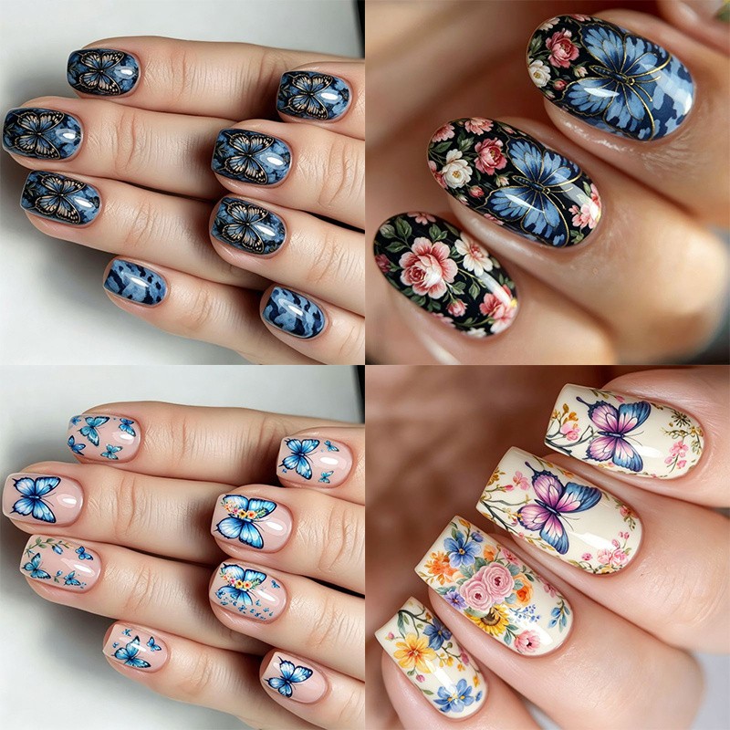 96Pcs Medium Rectangle Nails, Retro Blue Tone, Flower & Butterfly Pattern