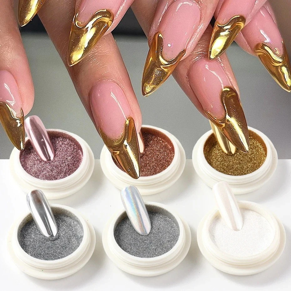 6PCS Chrome Mirror Nail Powder Set Gold Silver Holographic Aurora Pigment