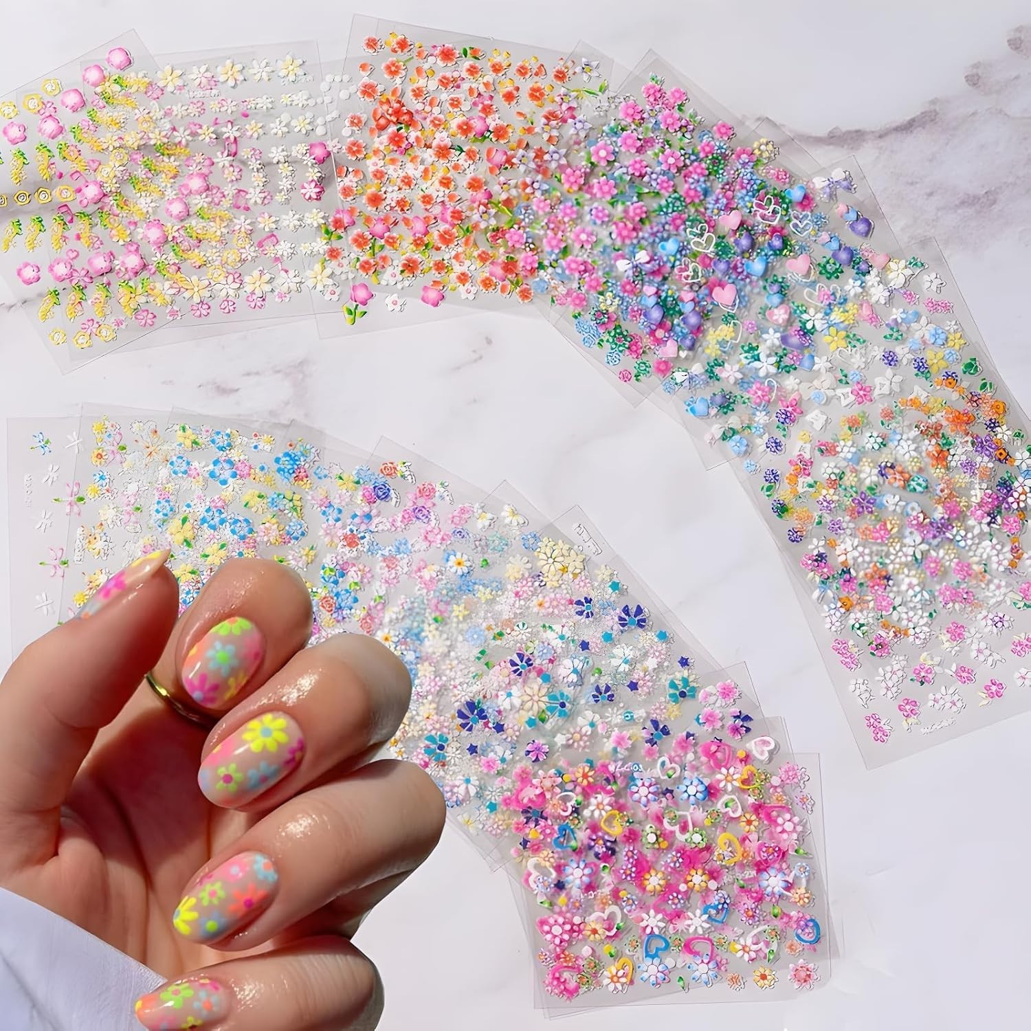 Colorful Cute Daisy, Floral, Heart, Flower Nail Art Stickers Decals, 3D Self Adh