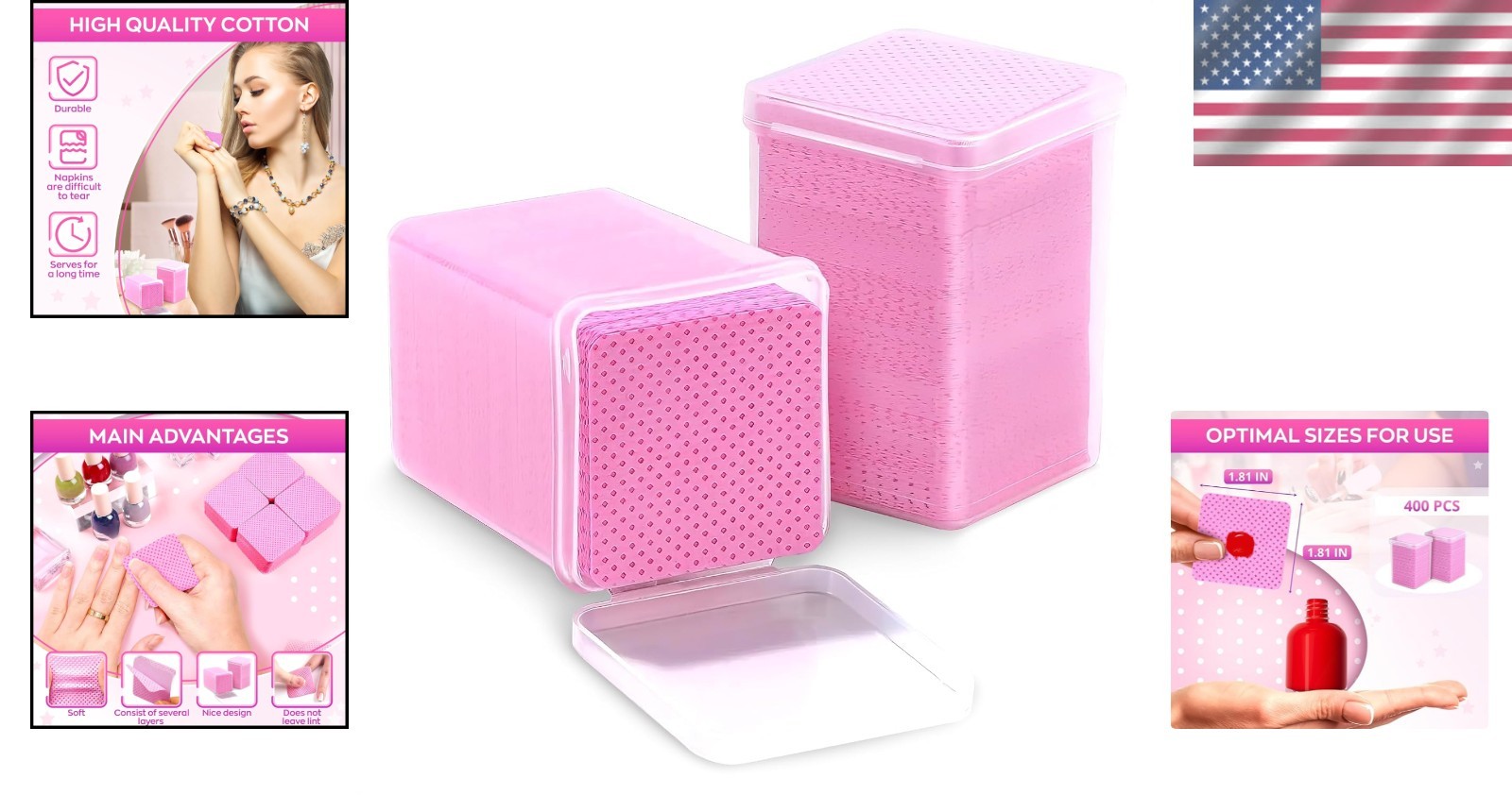 Portable 400 Count Nail Wipes – Non-Irritating Pink Gel Polish Remover Pads