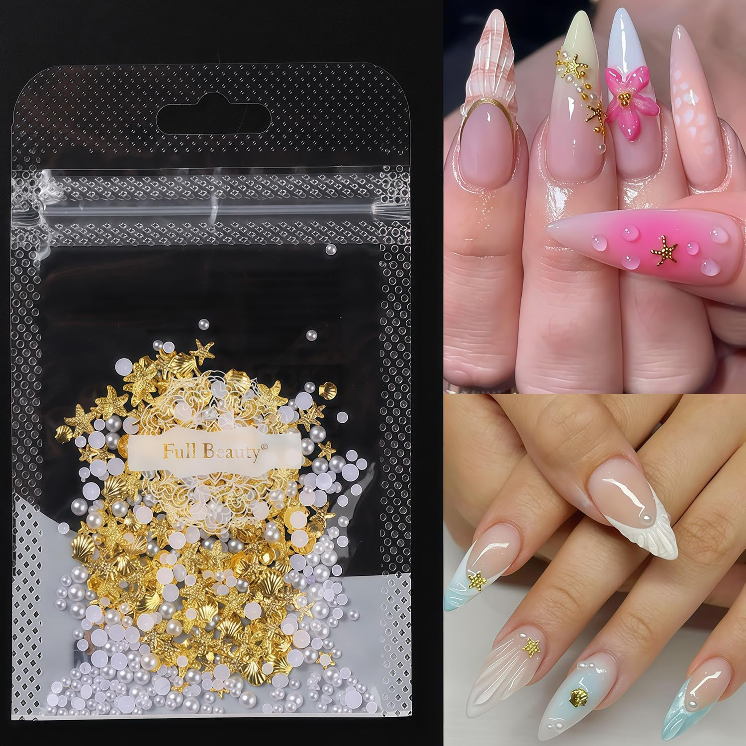 Summer Beach Nail Charms Pearl Shell Starfish Nail Rhinestones Ocean Style Nail