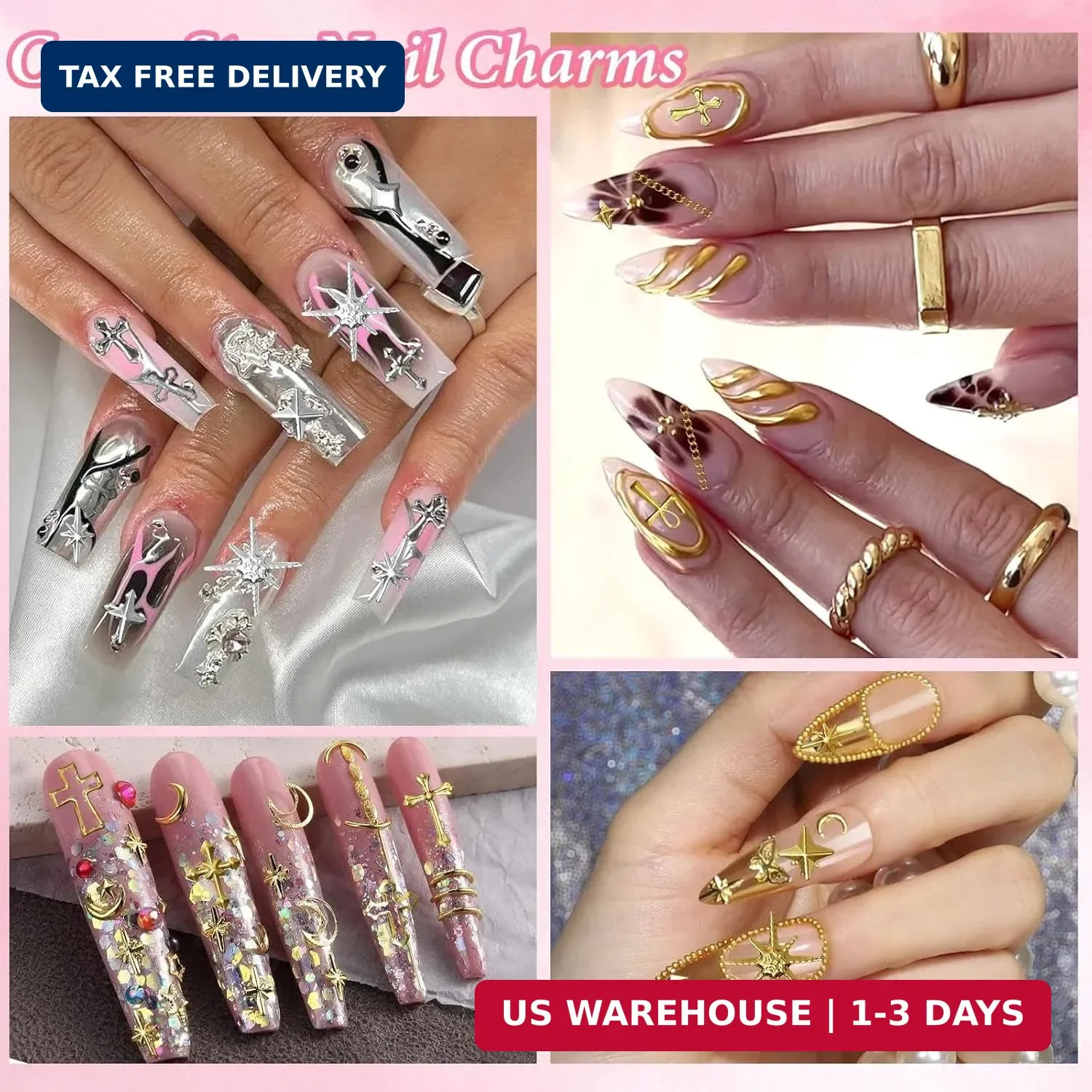 Gold Silver Caviar Nail Beads, 3D Starburst Chain Cross Nail Charms, Alloy Star