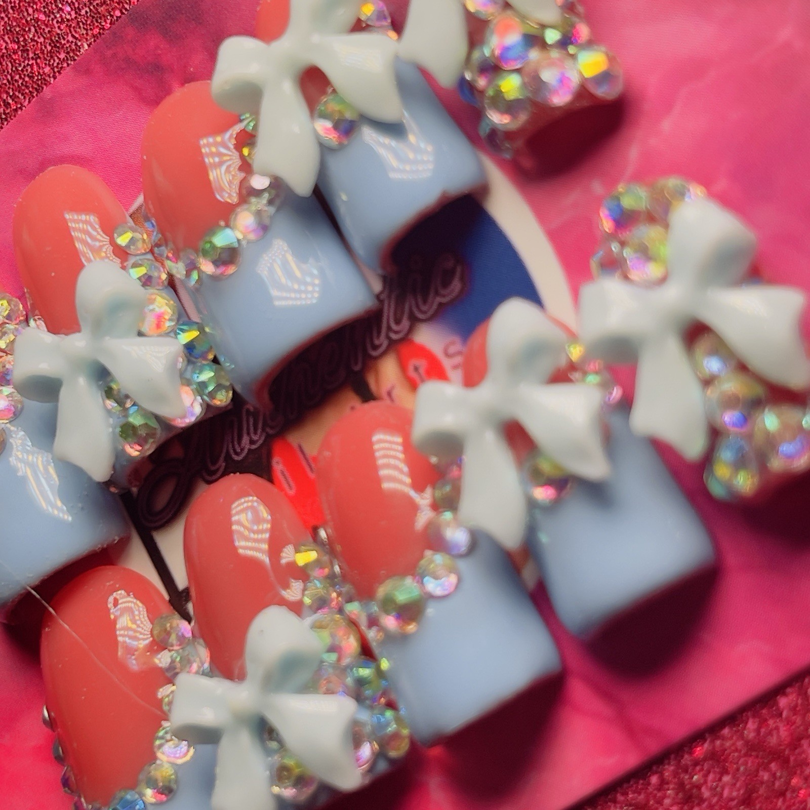Baby Blue 3D Bow Crystal Press-On Nails Short Square 10pcs