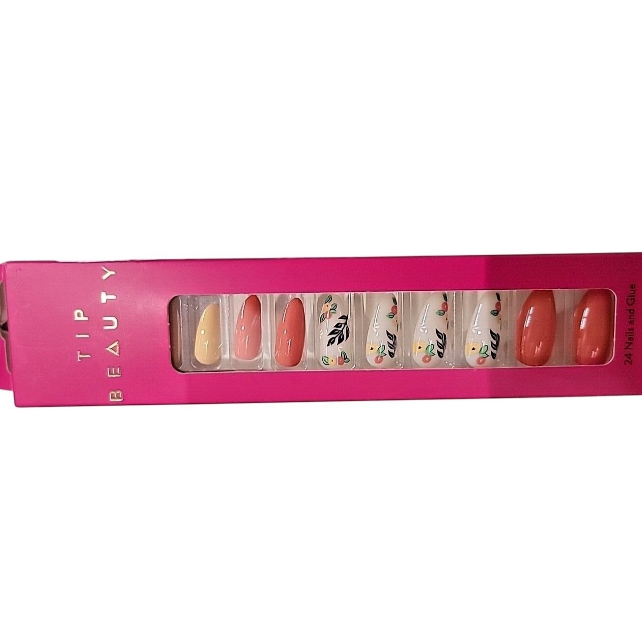 Tip Beauty Press On Nails Floral Botanical Peach Coral Long Almond Shape 24 NIB