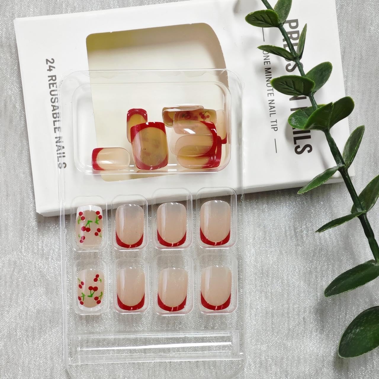 Cherry Press on Nails Short Square Fake Nude Glossy False Short, S07