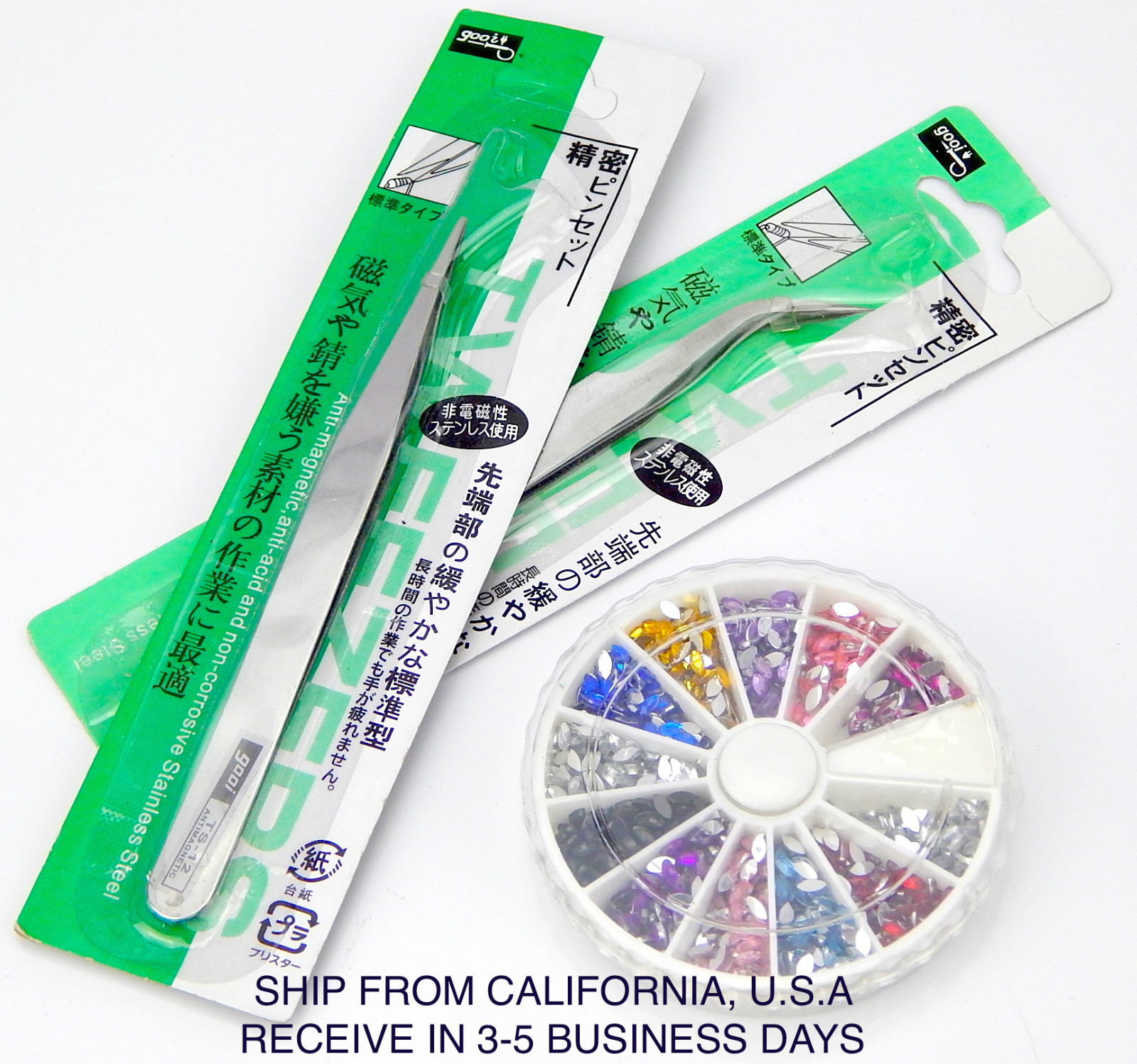 NAIL ART TIPS RHINESTONES FOOTBALL SHAPE + 2 PCS TWEEZER SET