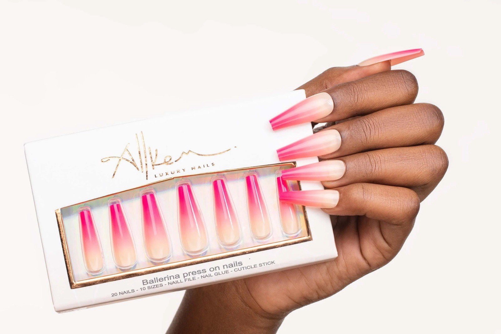 Luxury Press On Nails – OMBRE Ballerina Nails – 20 Nails With Glue Coffin Shape