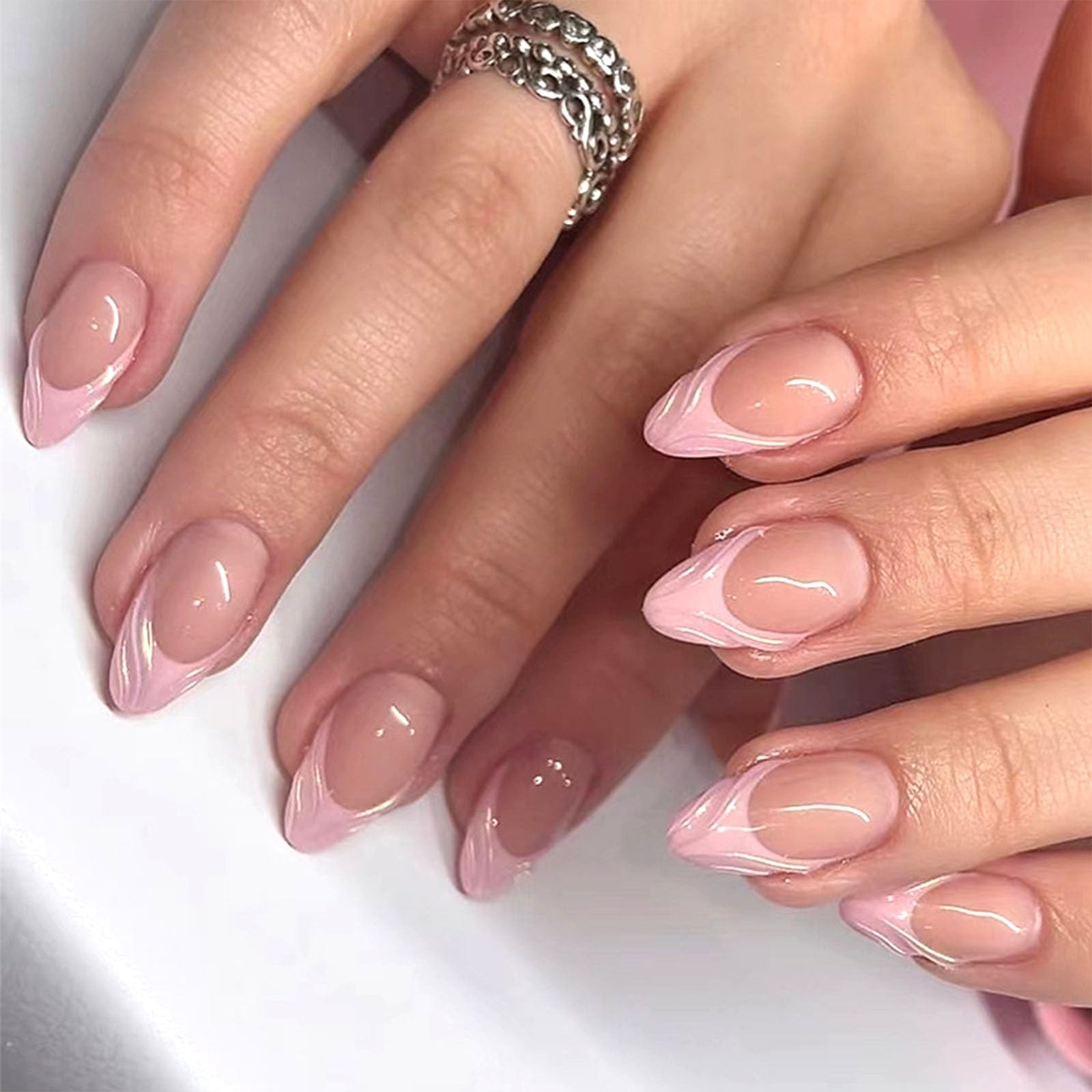 Almond Press on Nails Short Pink French Tip Fake Nails With Stereo Lines Desi…