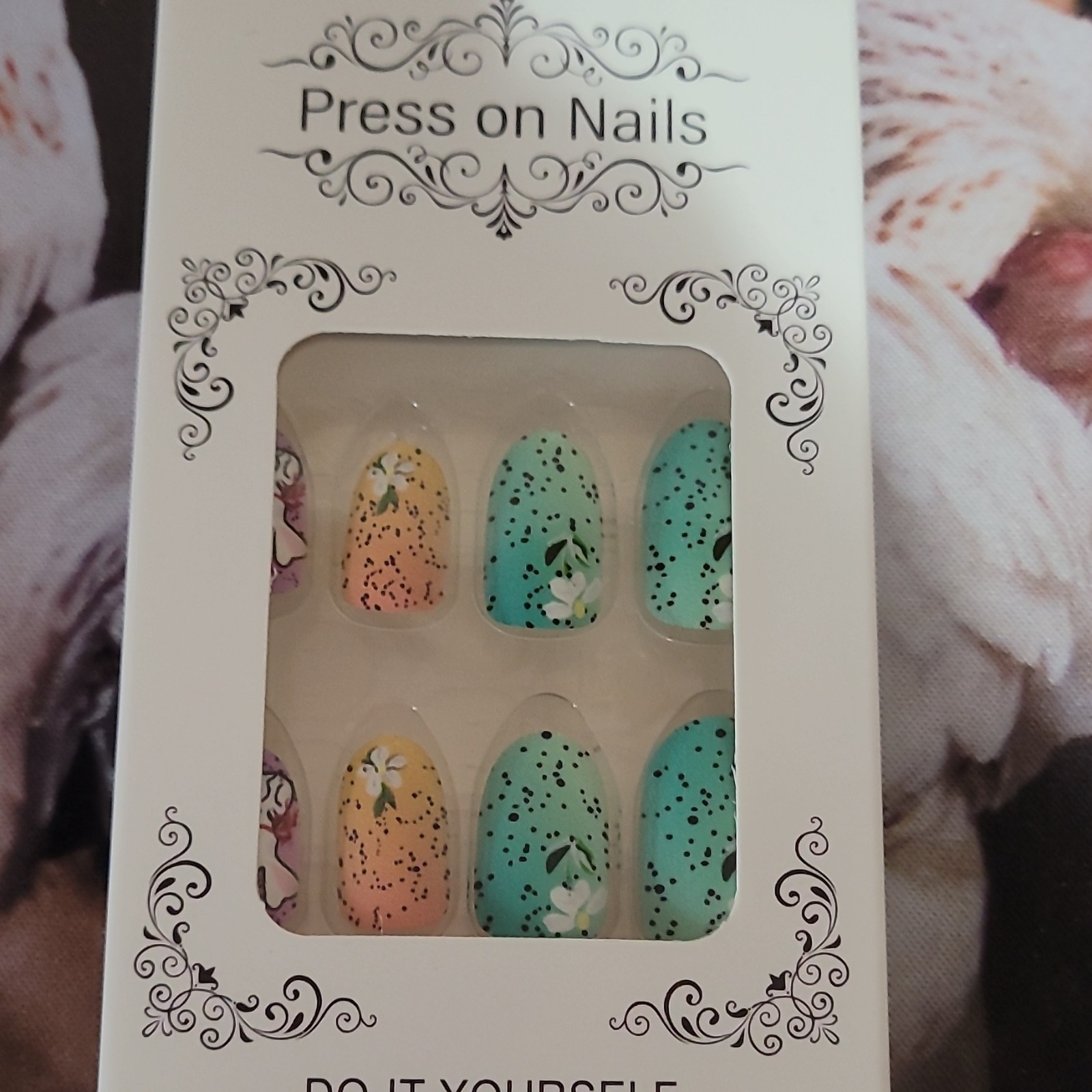 Pre-Designed Full Cover 3D Press-On Nails Long Coffin Floral Multicolor