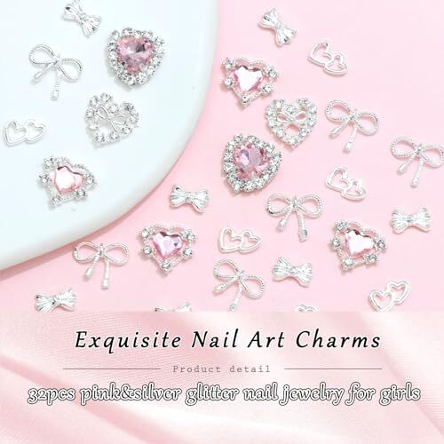 32PCS Bow Nail Charms 3D Silver Heart Shape Nail Art Charm Silver&Pink Bow