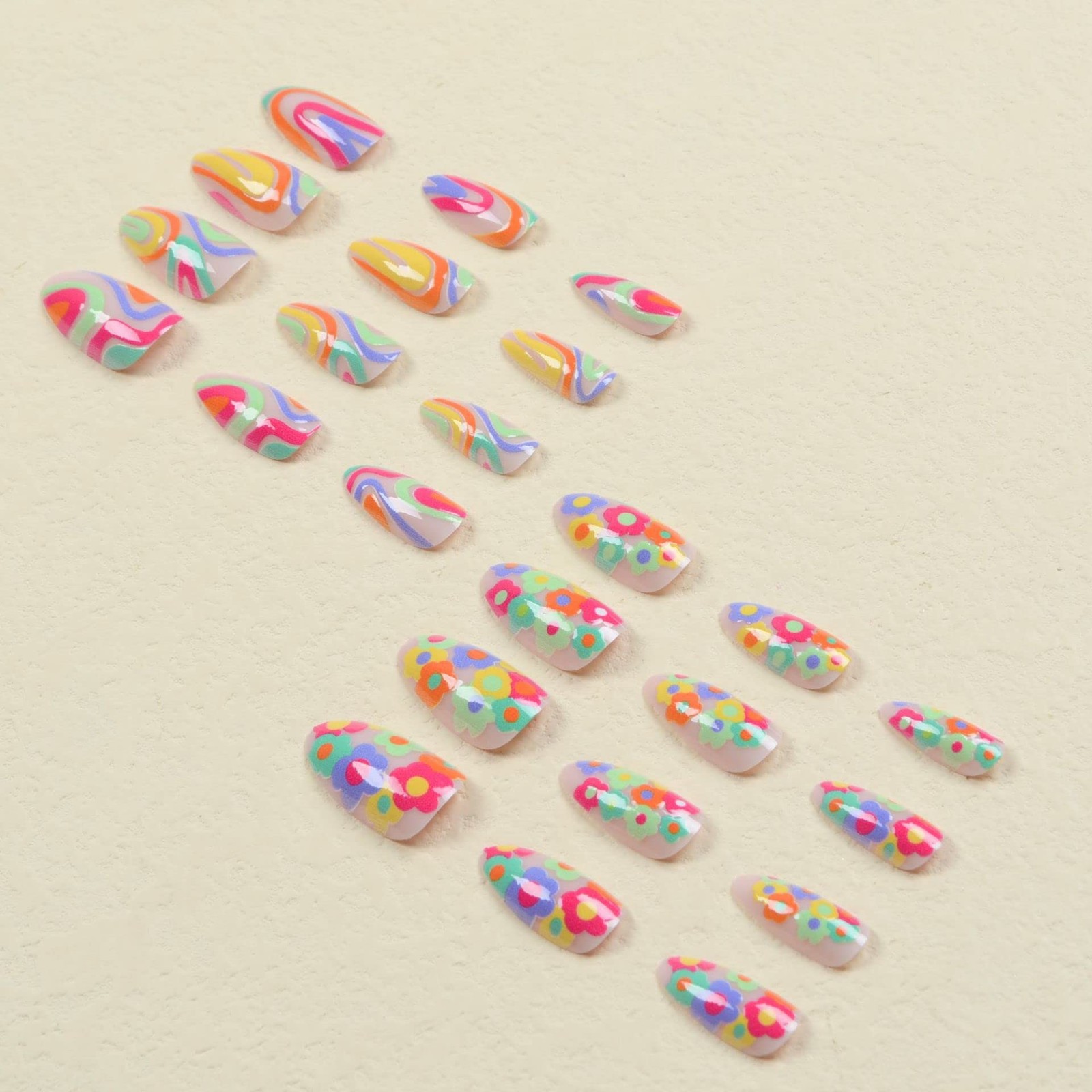 24Pcs Colorful Flower Press on Nails Medium Almond Shape Fake Medium, Style D
