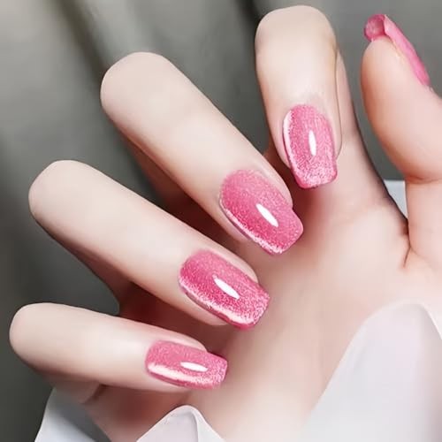 Cat Eye Press on Nails Medium Square Glue on Nails Glitter Glossy Fake Solid