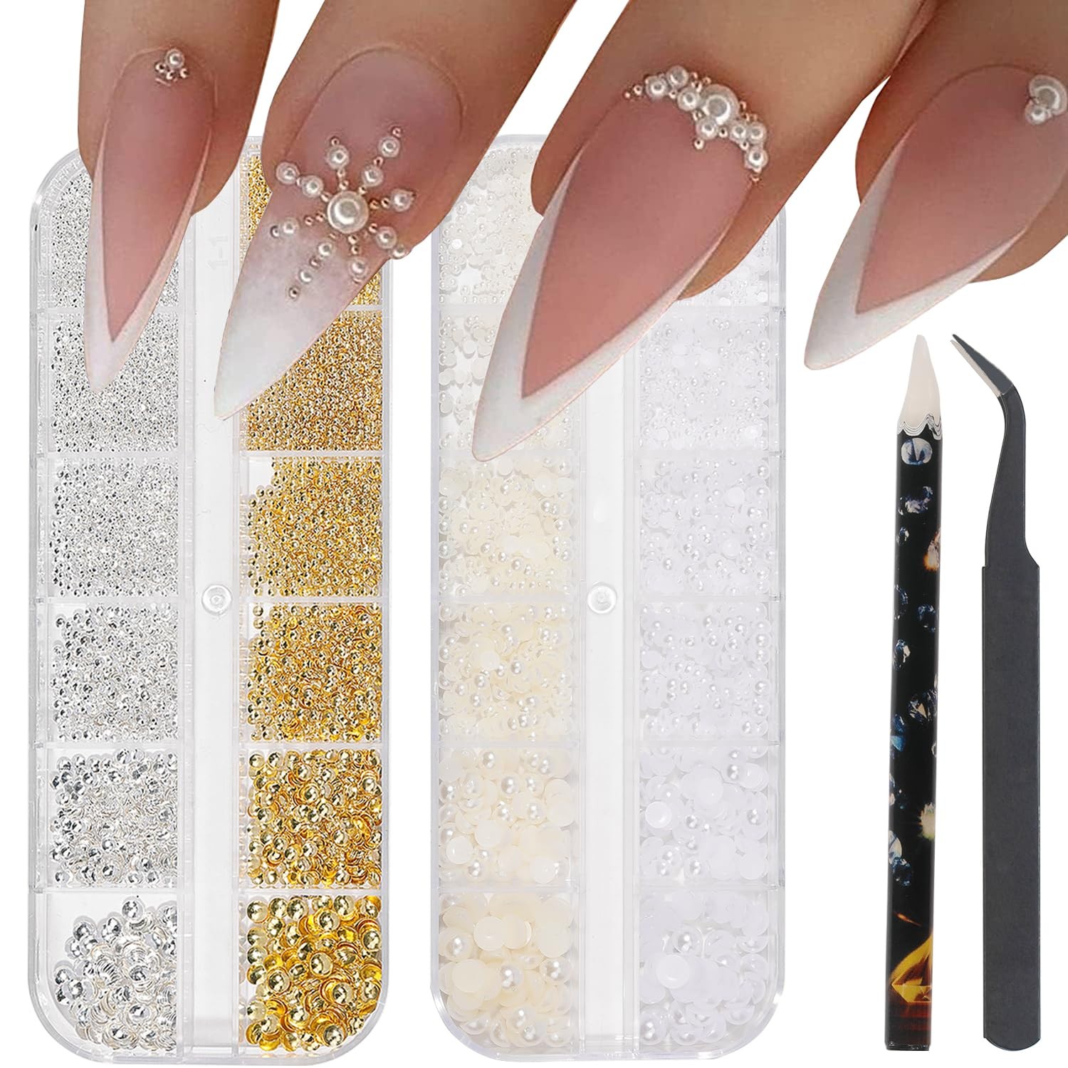 Nail Art Charms – Metal Silver & Gold Beads, Flat Back Round Rhinestones, Sma…