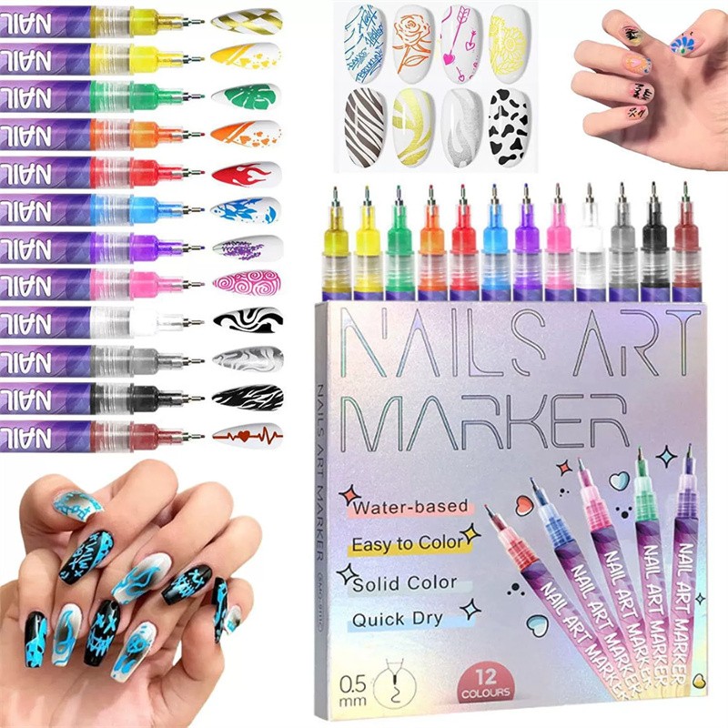 12 Colors Nail Art Pens Set,Nail Art Markers Polish Pen For 3D Nail Art,DIY USA