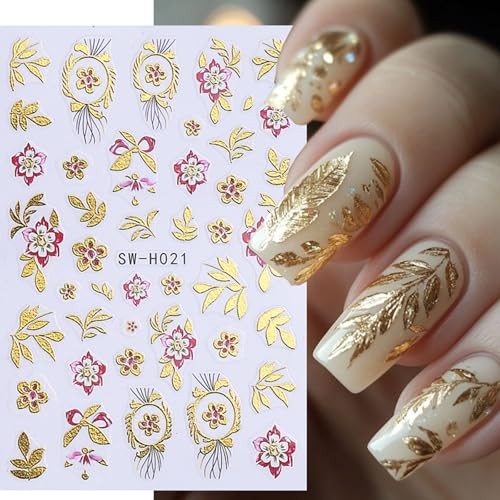 6 Sheets Flower Nail Art Stickers Decals 3D Self-Adhesive Gold Edge Flowers-5