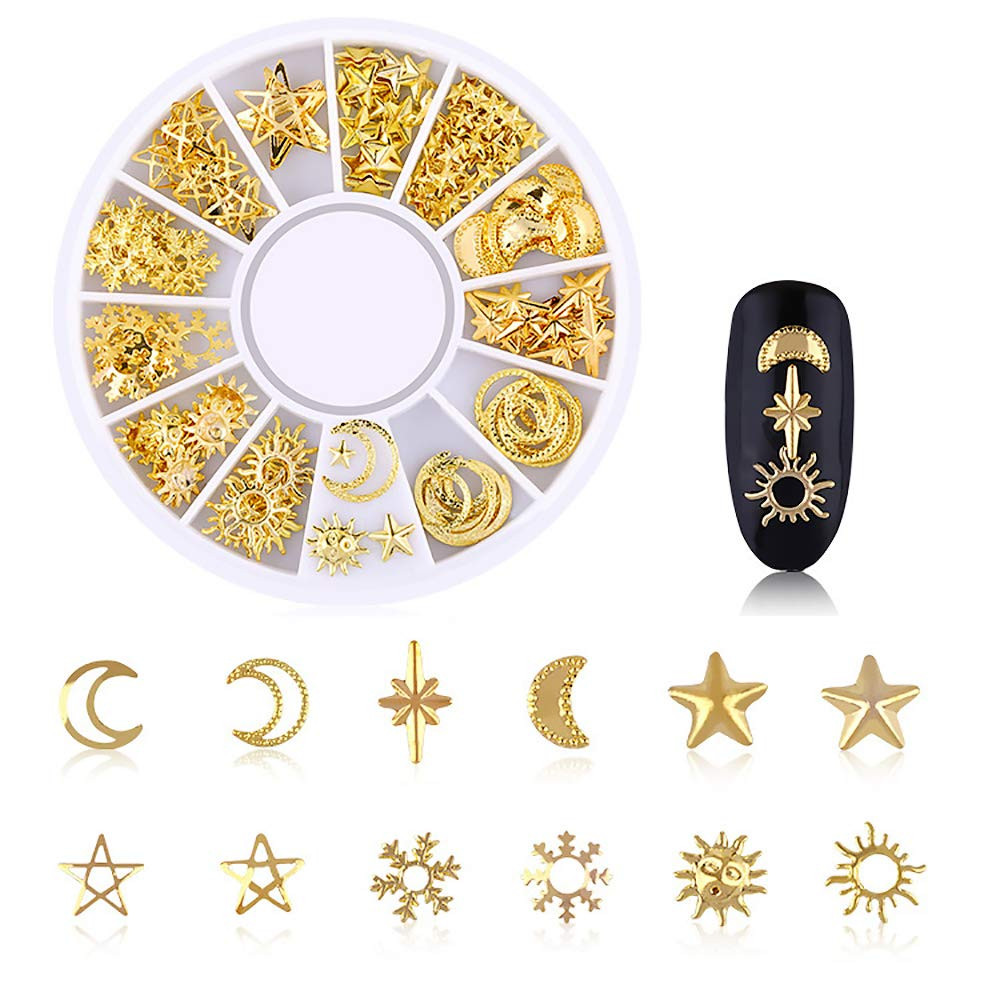 6 Boxes Gold Nail Charms Studs Rose Star Moon Feather Shape Metal Nail 3D Charm