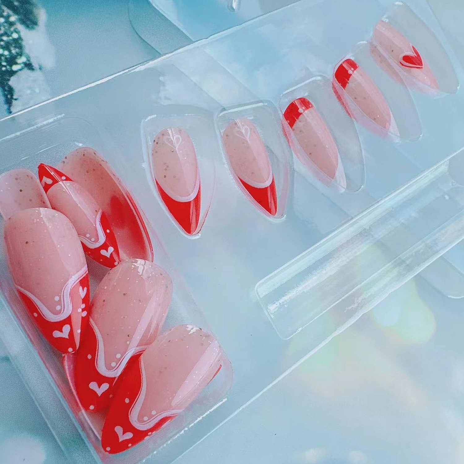 Valentine’s Day Press on Nails Almond Medium Fake Nails with Red Heart Glitte…