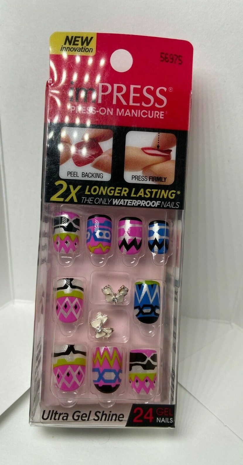 Impress Gel Manicure Press on Nails Short colorful fun Pink Blue white bow