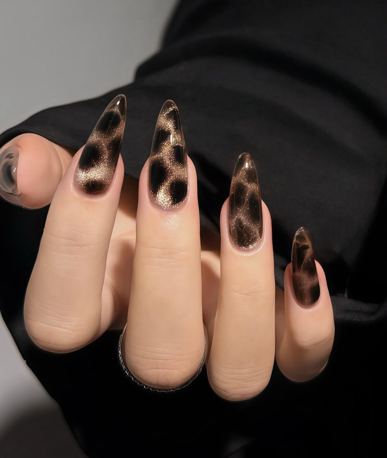 Custom Handmade Brown Black Smoke Gold Glitter Cat Eye Almond Press on Nails