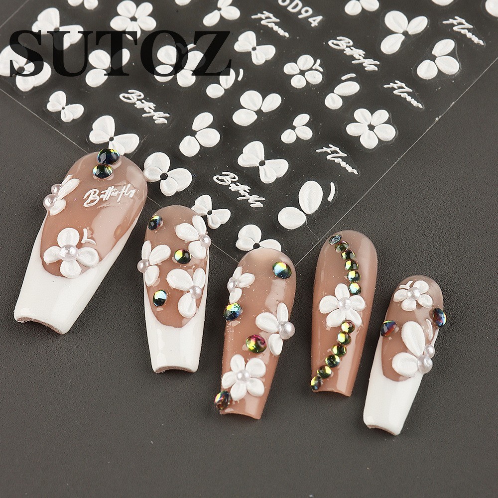3D Flower Petal Embossed White Daisy Floral Nail Art Stickers Decor Slider NH29