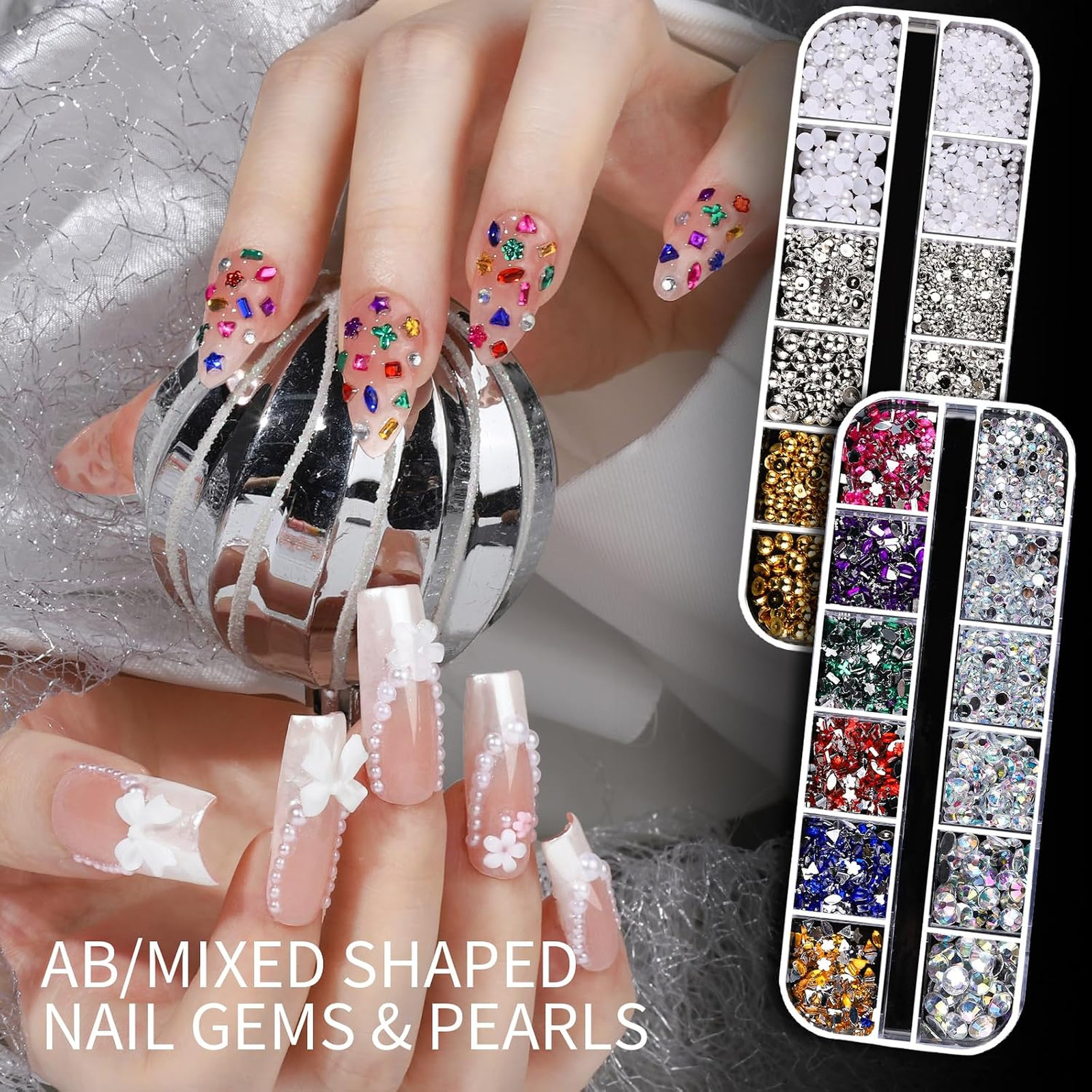Nail Charms and Gems, 3D Nail Gems, Flower Nail Stickers, Rhinestones, Pearls